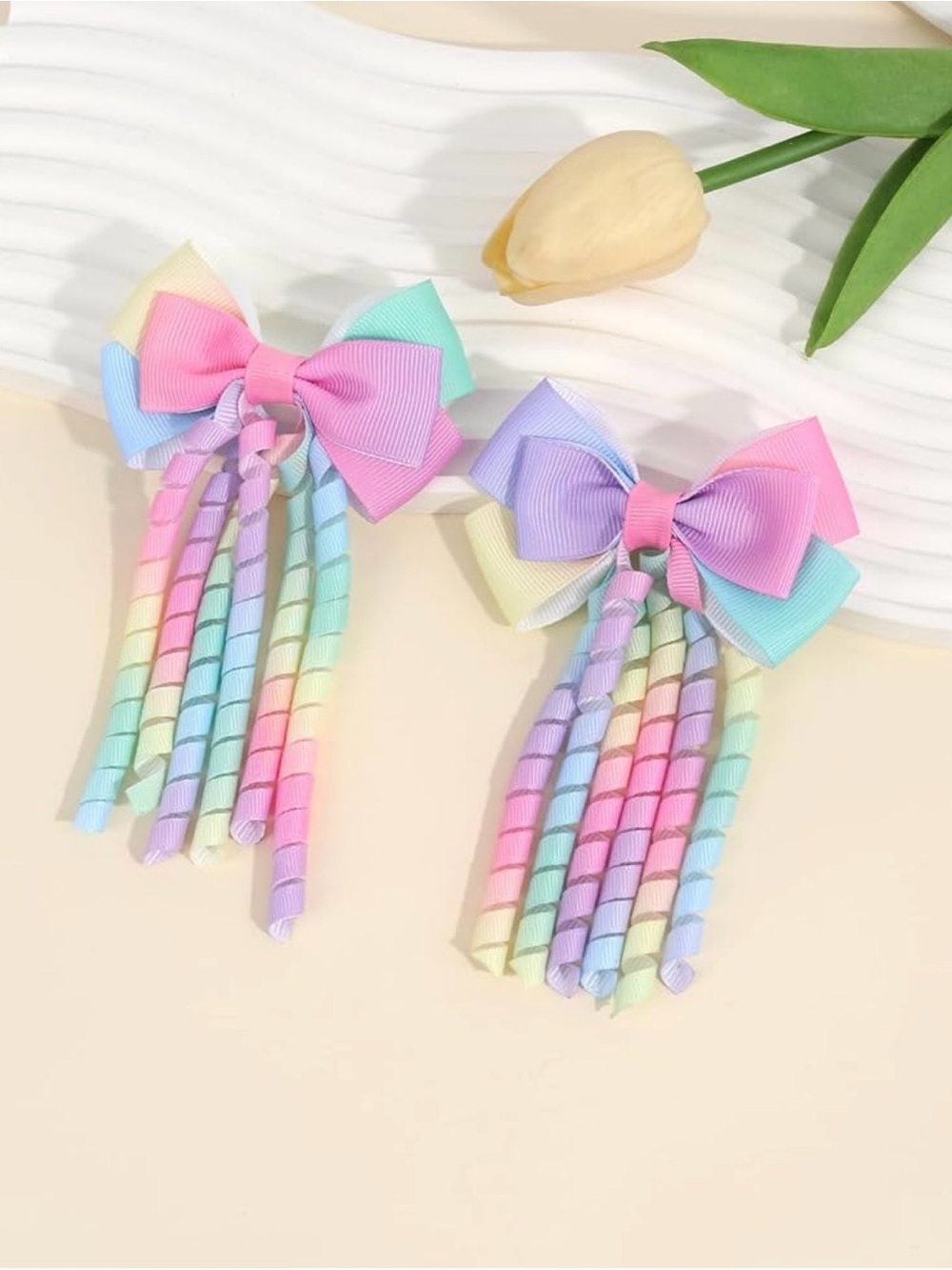 2Pcs Pastel Rainbow Curly Ribbon Bow Hair Clips